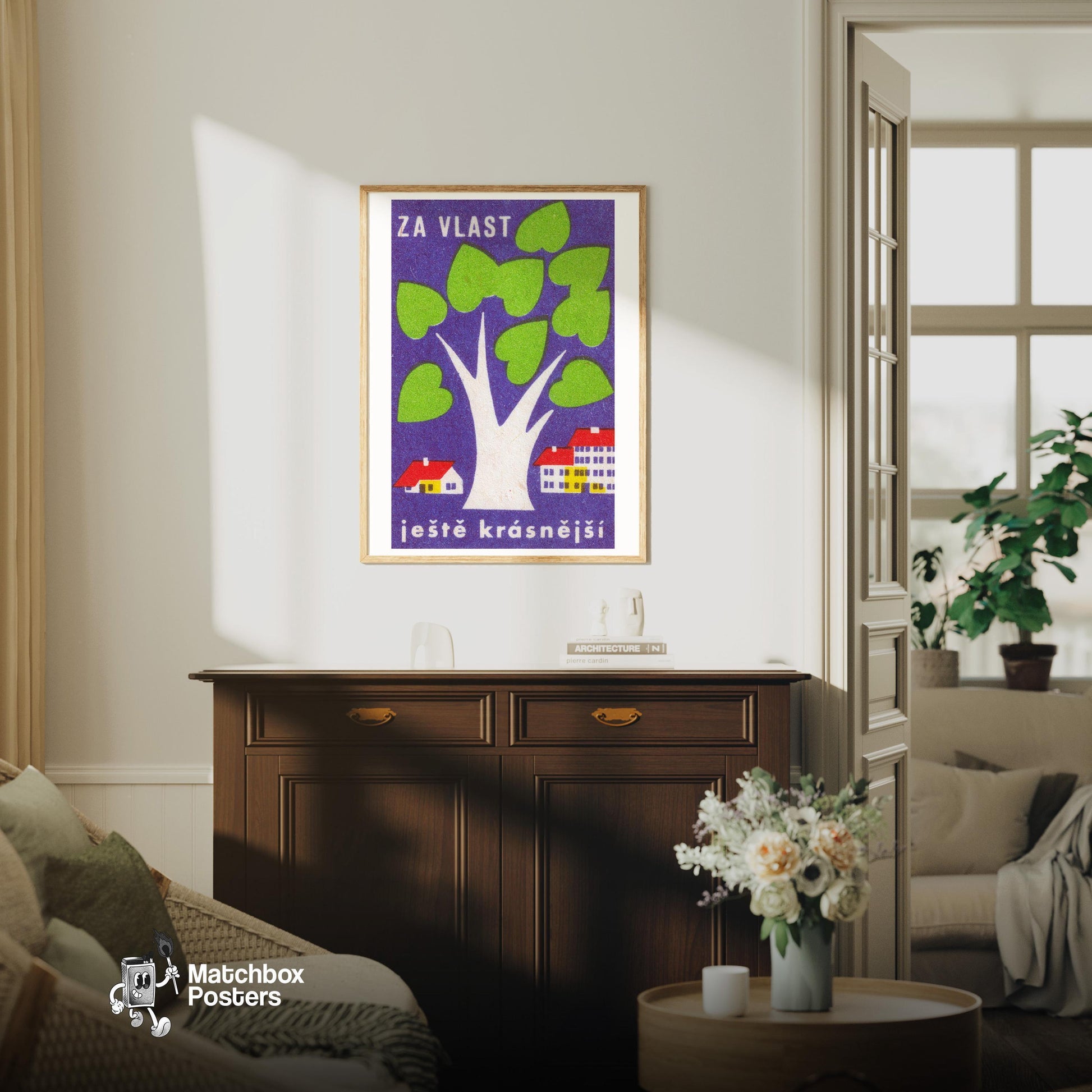 White Tree - vintage matchbox label print - living room mockup