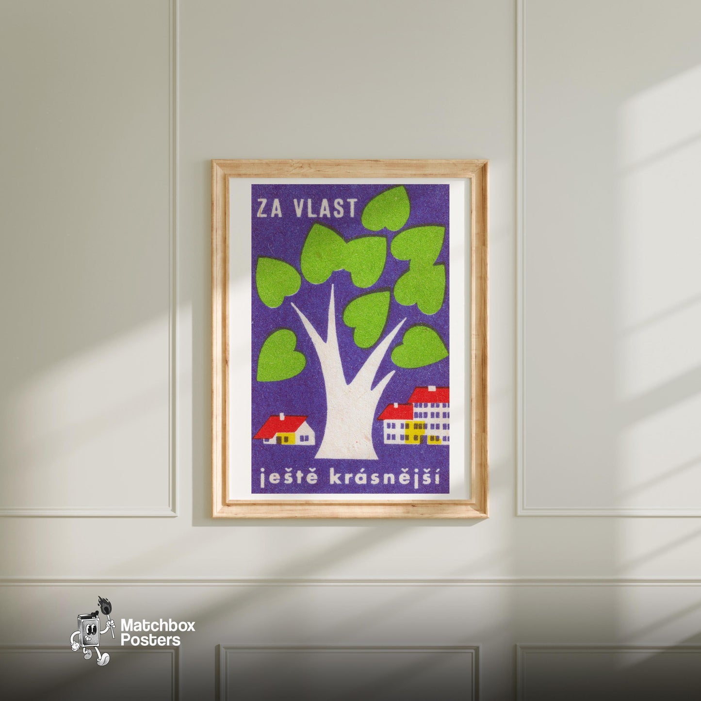 White Tree - vintage matchbox label print - bedroom mockup