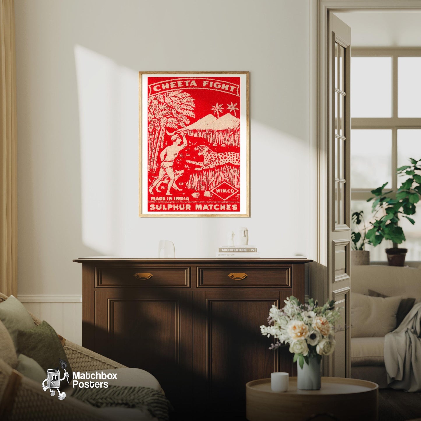 Man vs Cheetah - vintage matchbox label print - living room mockup