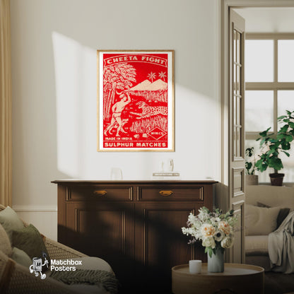 Man vs Cheetah - vintage matchbox label print - living room mockup