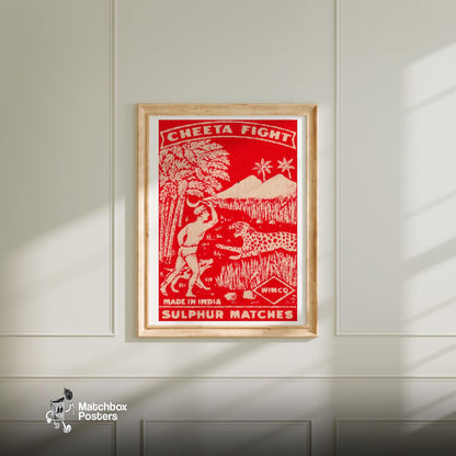 Man vs Cheetah - vintage matchbox label print - bedroom mockup