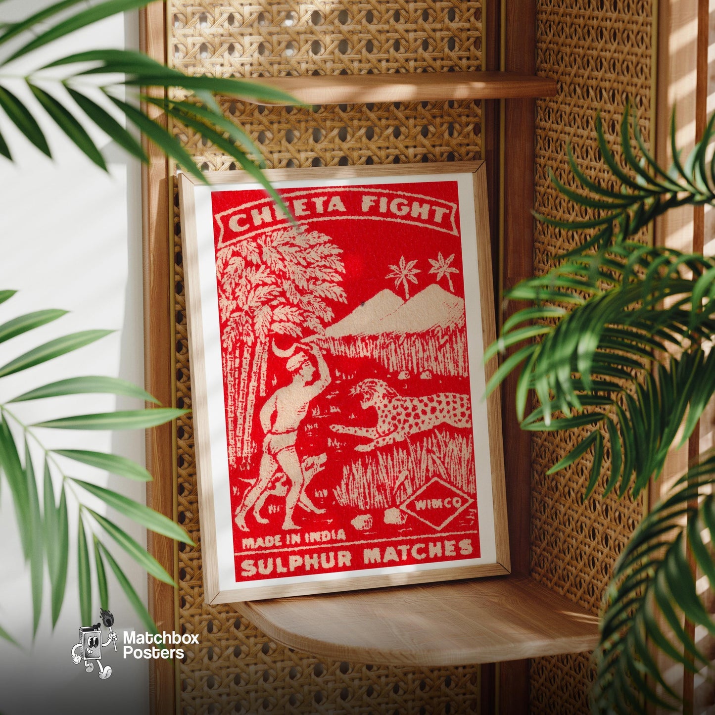 Man vs Cheetah - vintage matchbox label print - office wall