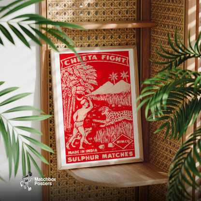 Man vs Cheetah - vintage matchbox label print - office wall