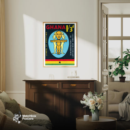 Three-Faced Figure - vintage matchbox label print - living room mockup