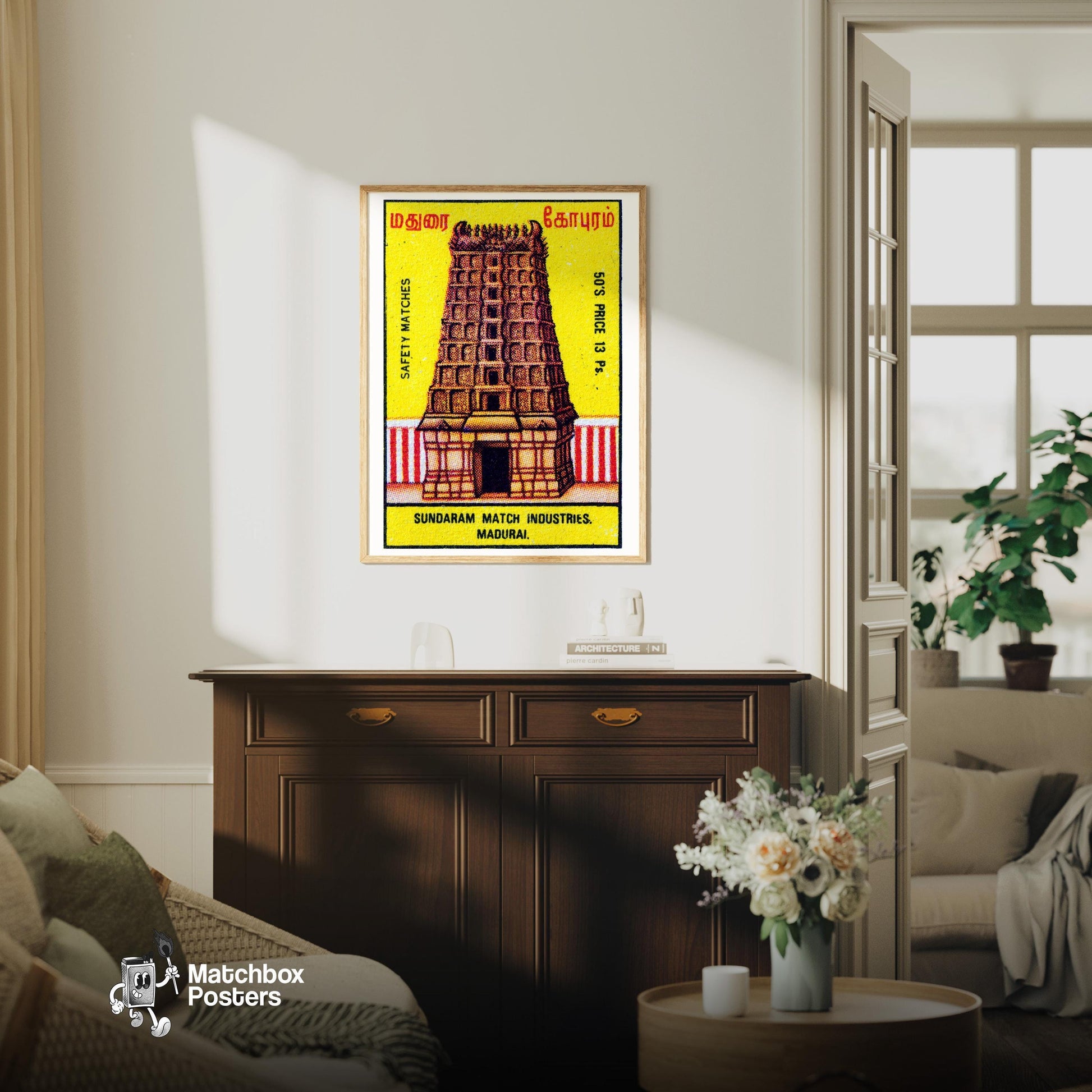 Indian Temple - vintage matchbox label print - living room mockup