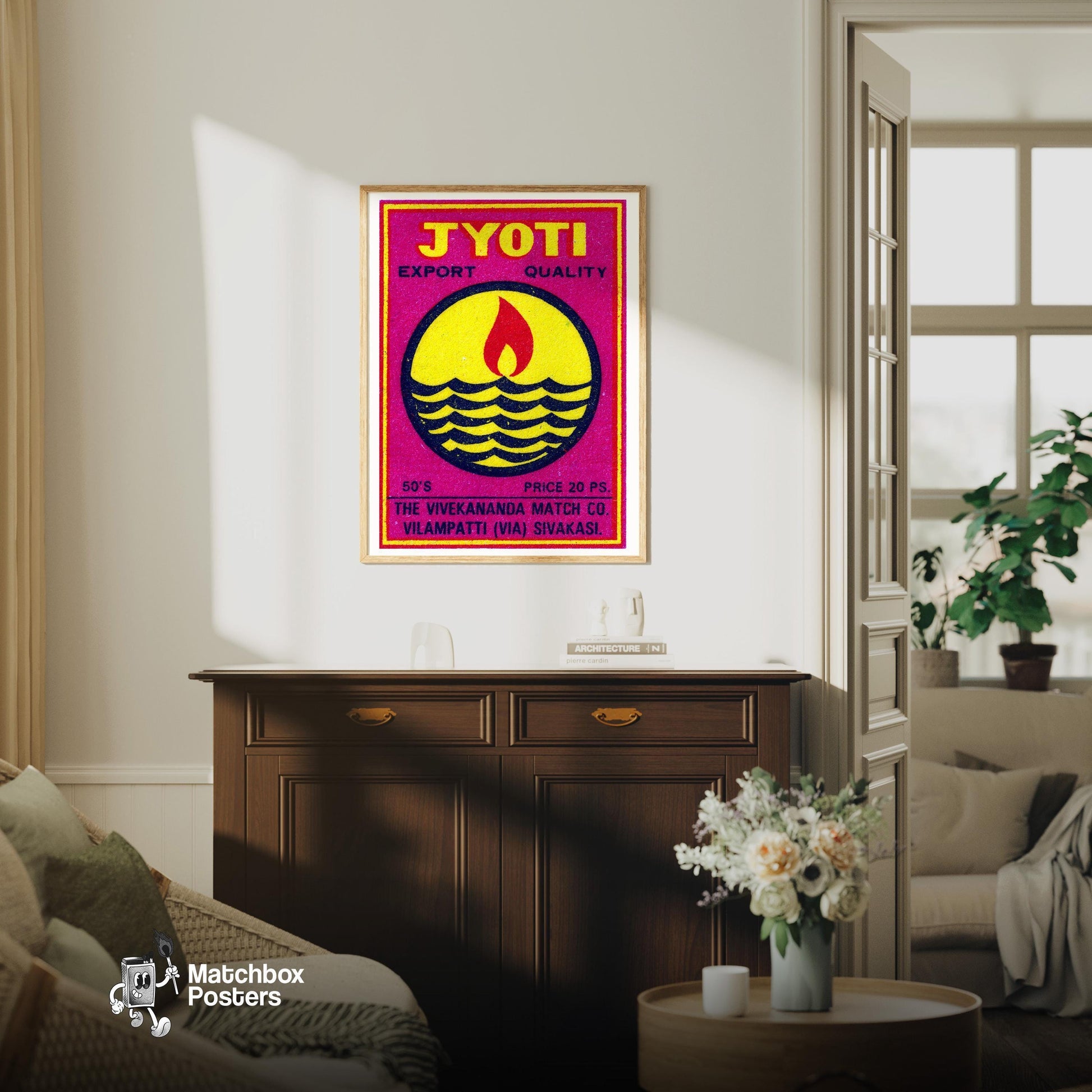 Red Flame - vintage matchbox label print - living room mockup