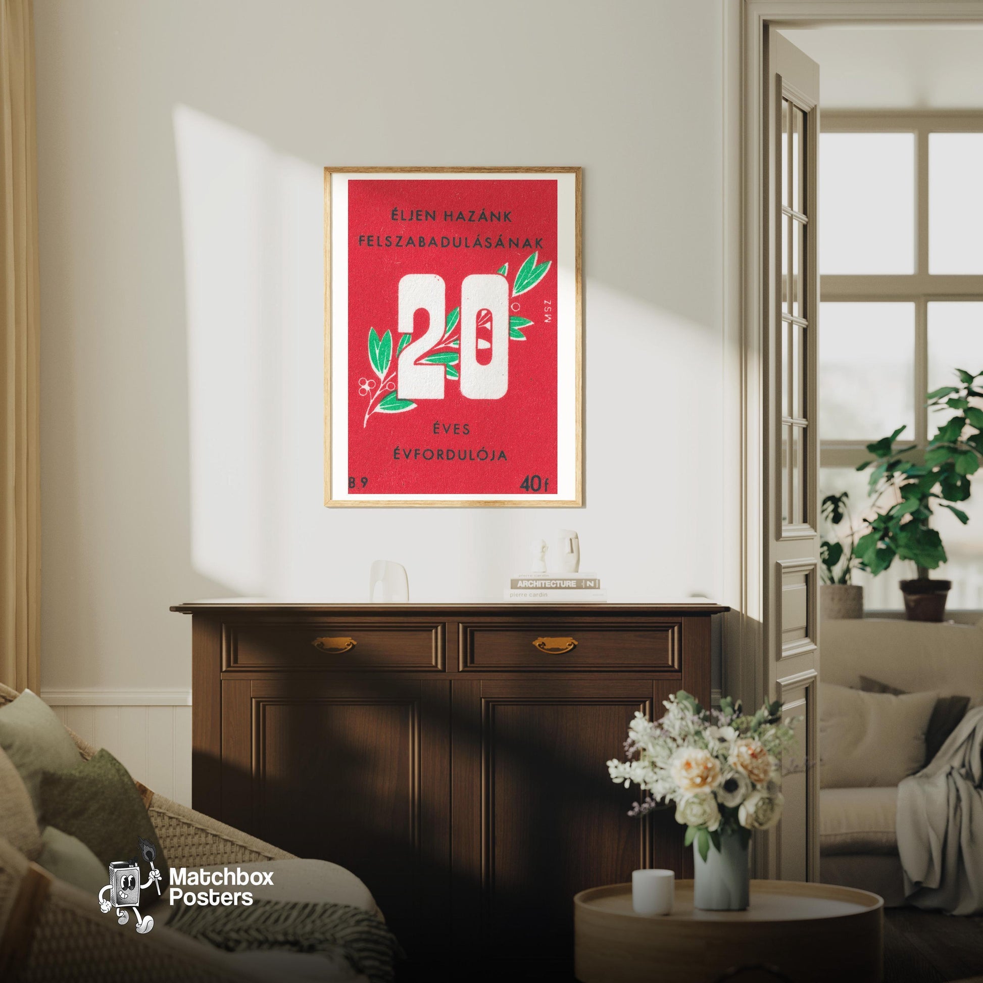 Hungarian Liberation Anniversary - vintage matchbox label print - living room mockup