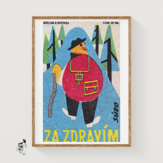 Hiker in Snowy Forest - vintage matchbox label print