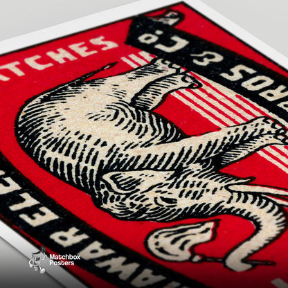 Elephant Holding A Flag - vintage matchbox label print - close-up detail