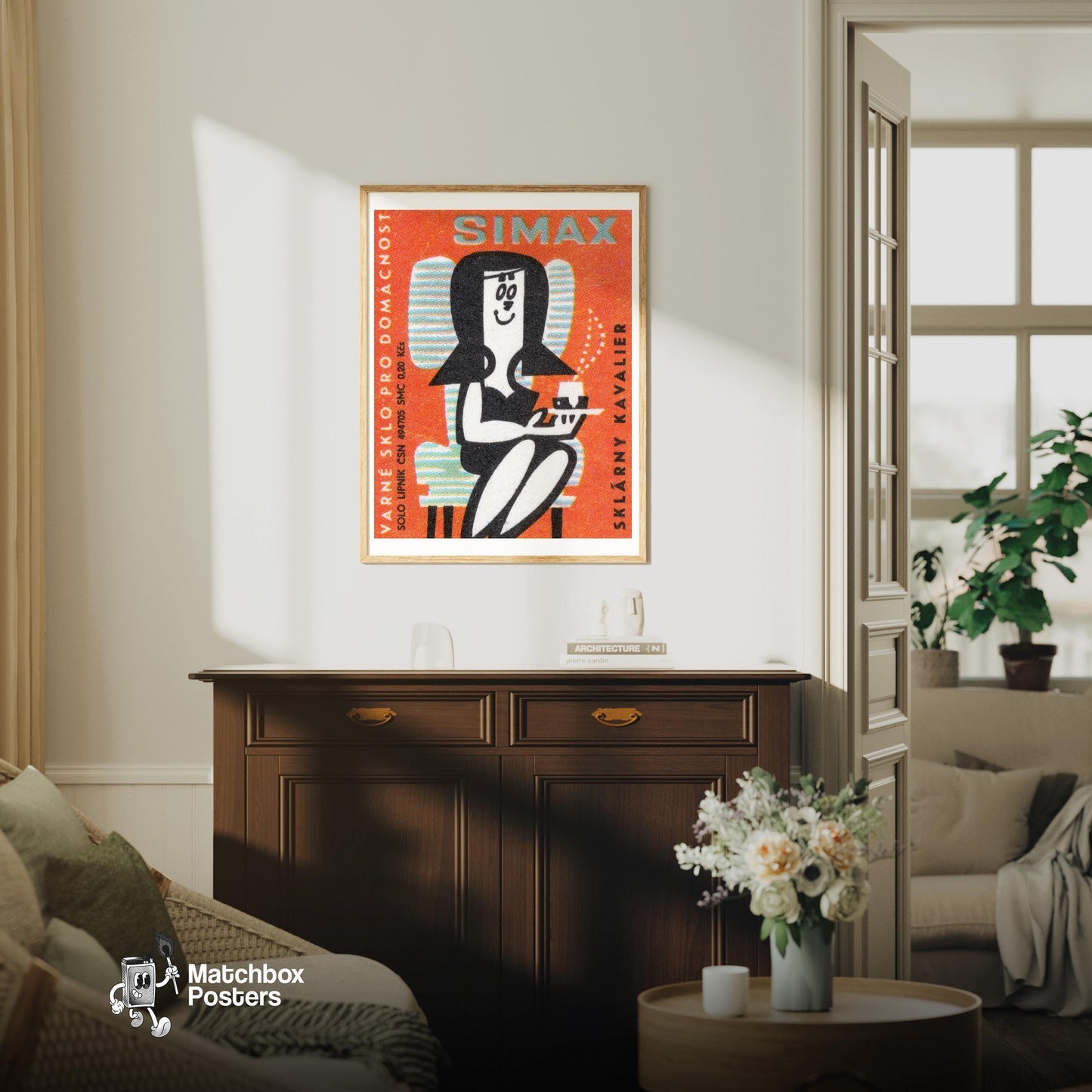Woman Drinking Coffee - vintage matchbox label print - living room mockup