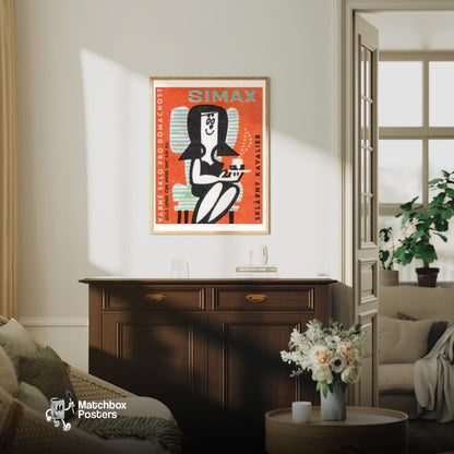 Woman Drinking Coffee - vintage matchbox label print - living room mockup