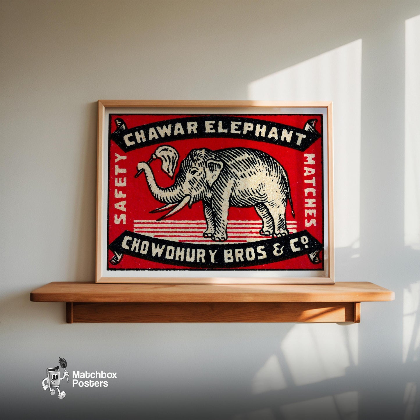 Elephant Holding A Flag - vintage matchbox label print - size comparison
