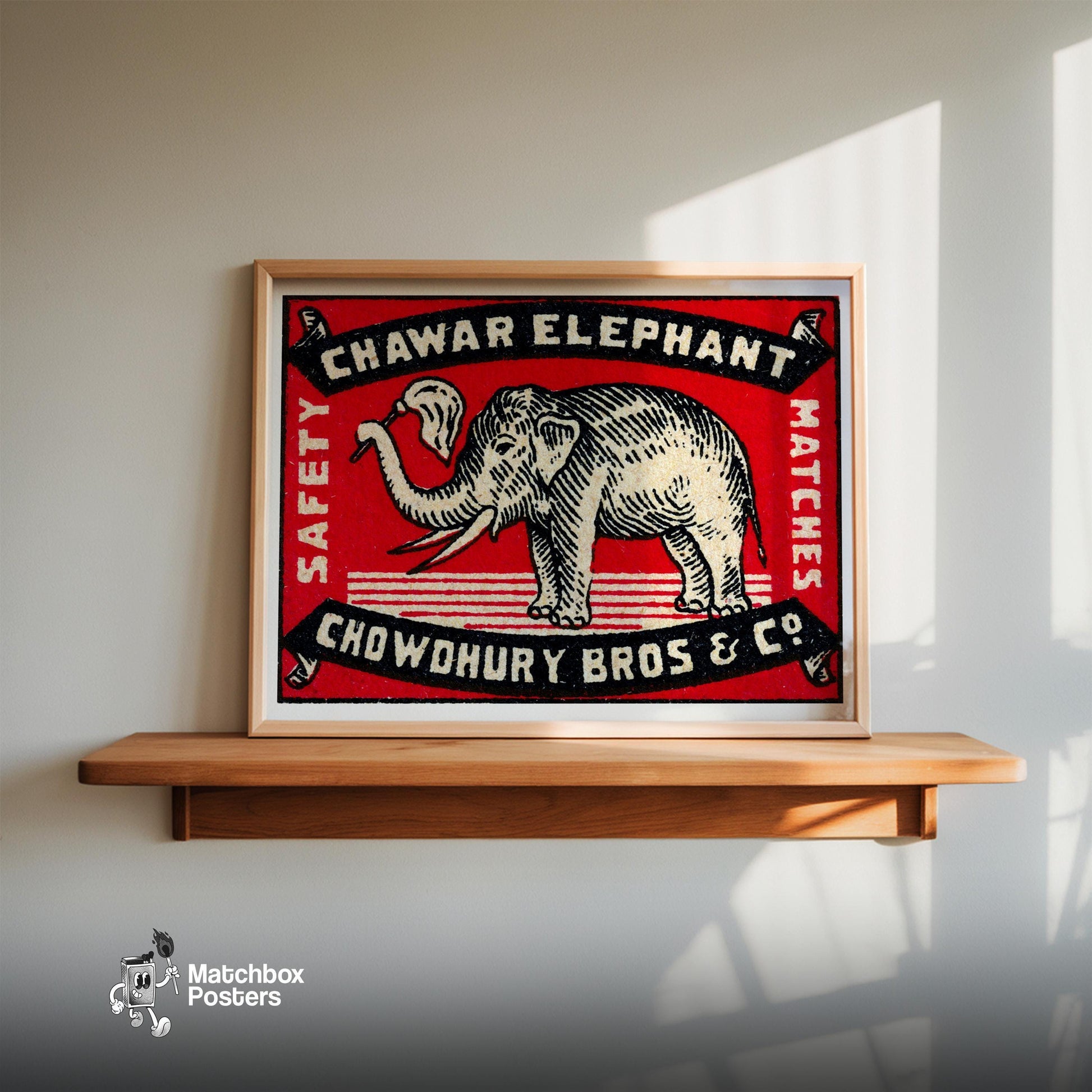 Elephant Holding A Flag - vintage matchbox label print - size comparison