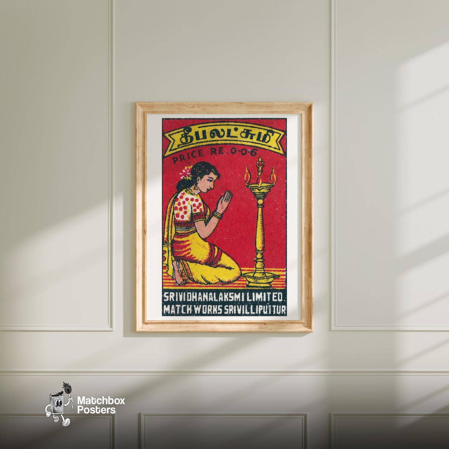 Woman India Mid-Century Matchbox Label - vintage matchbox label print - bedroom mockup