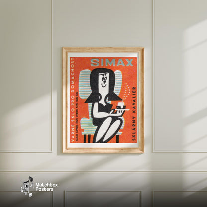 Woman Drinking Coffee - vintage matchbox label print - bedroom mockup