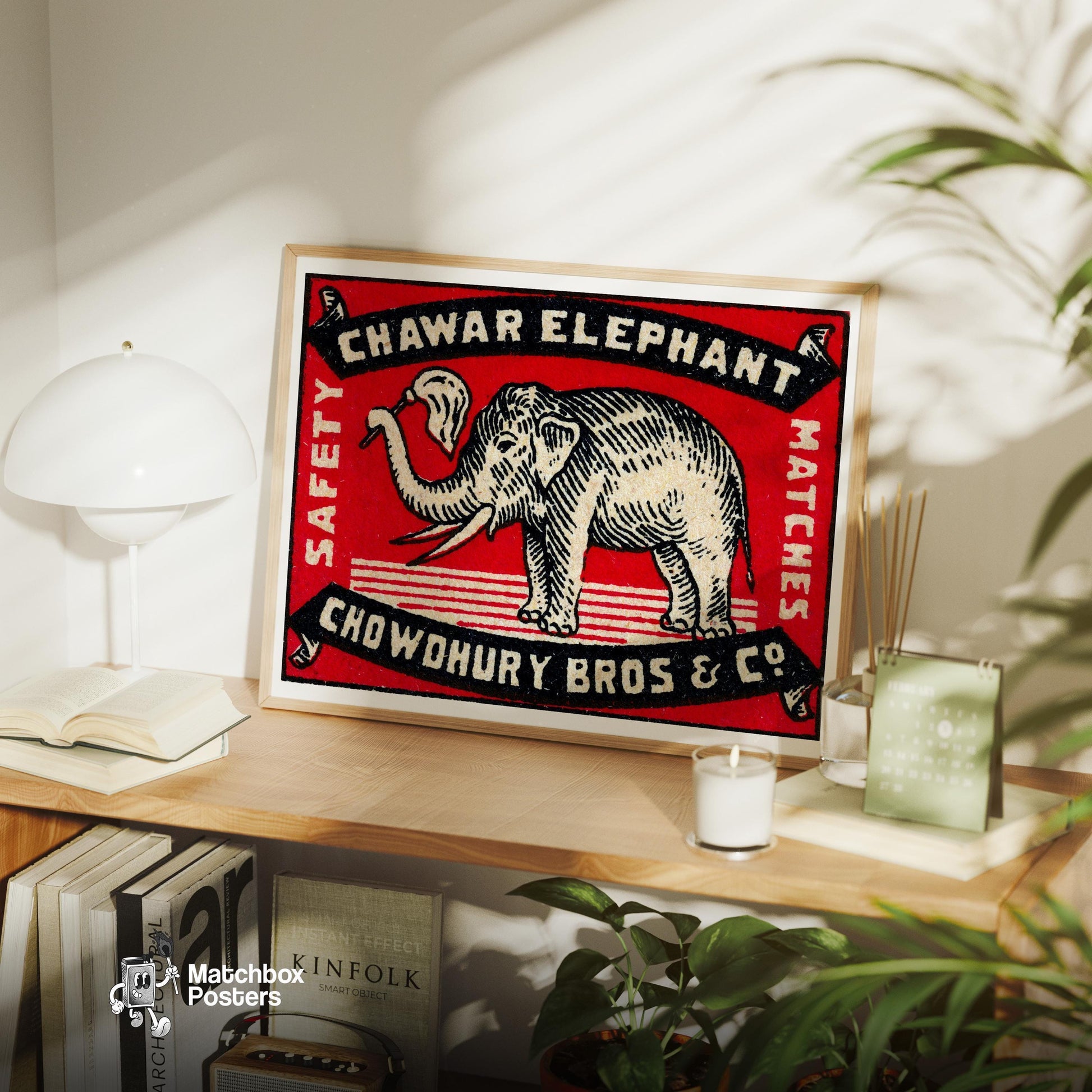 Elephant Holding A Flag - vintage matchbox label print - office wall