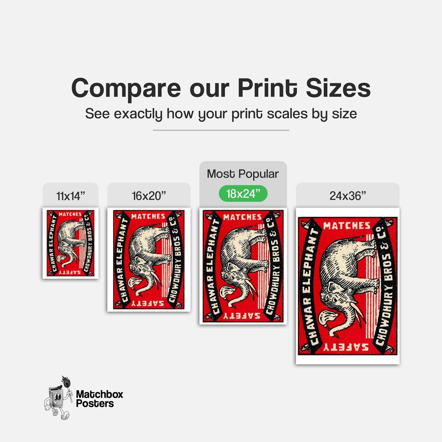 Elephant Holding A Flag - vintage matchbox label print - gallery wall preview
