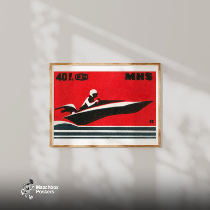 Speedboat - vintage matchbox label print - bedroom mockup