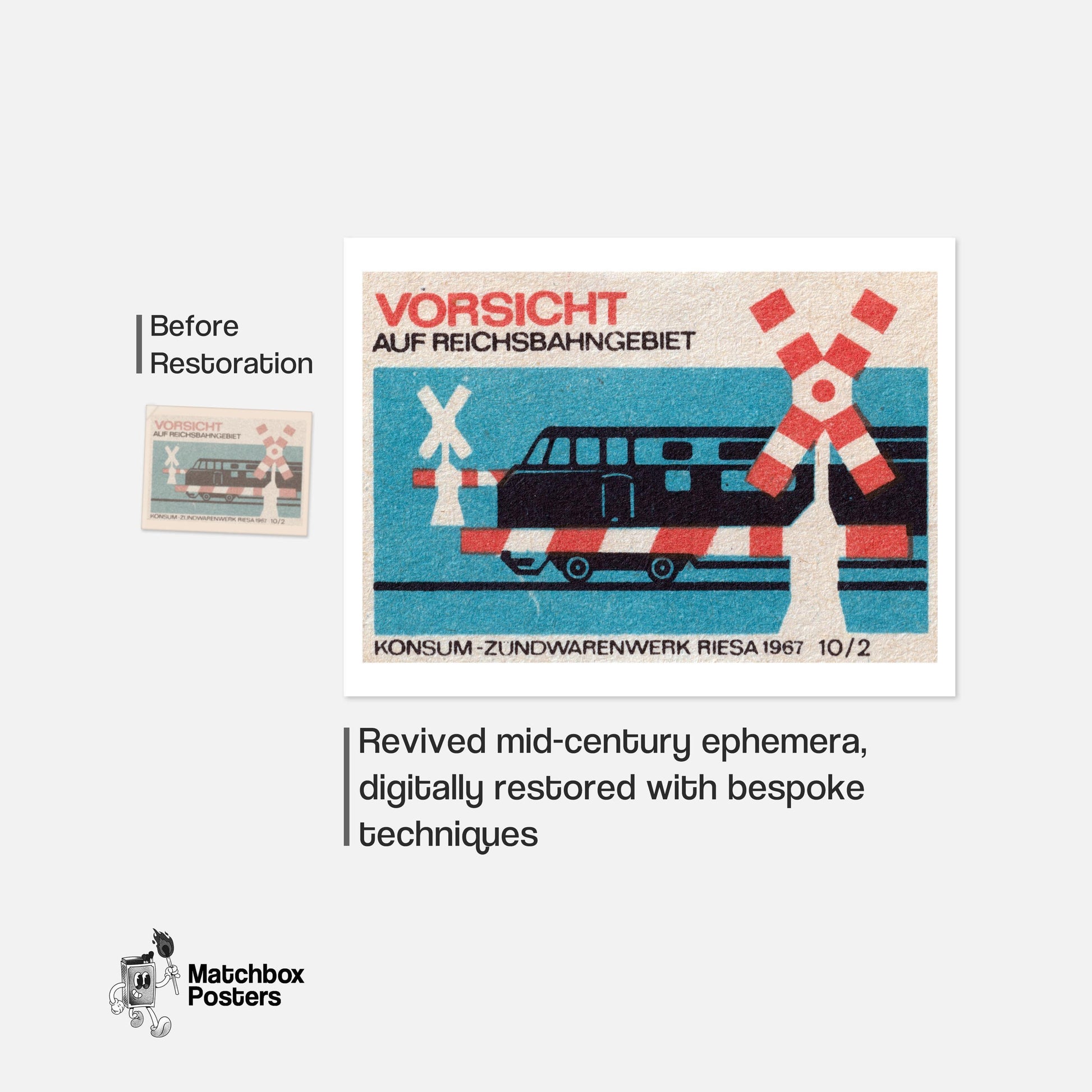 Railroad Crossing Train - vintage matchbox label print - framed wall art preview