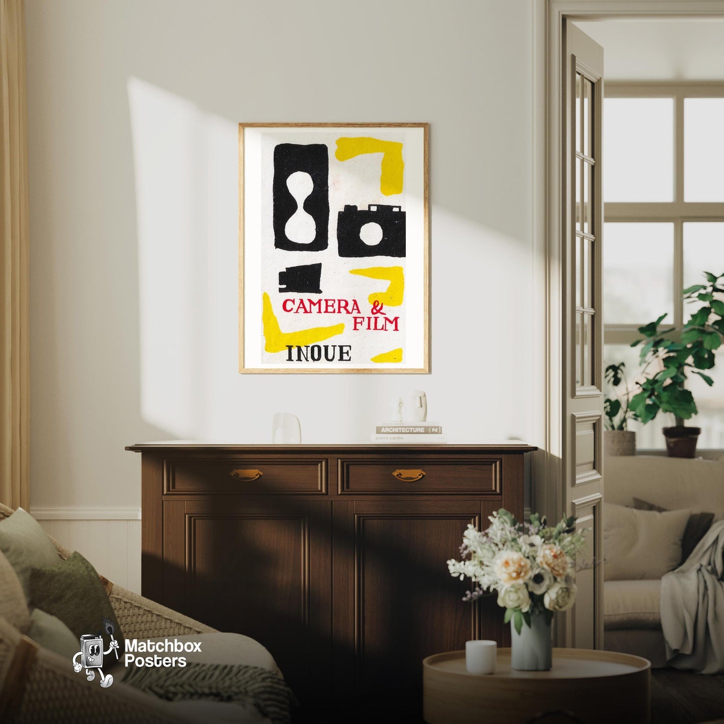Camera and Film Roll - vintage matchbox label print - living room mockup