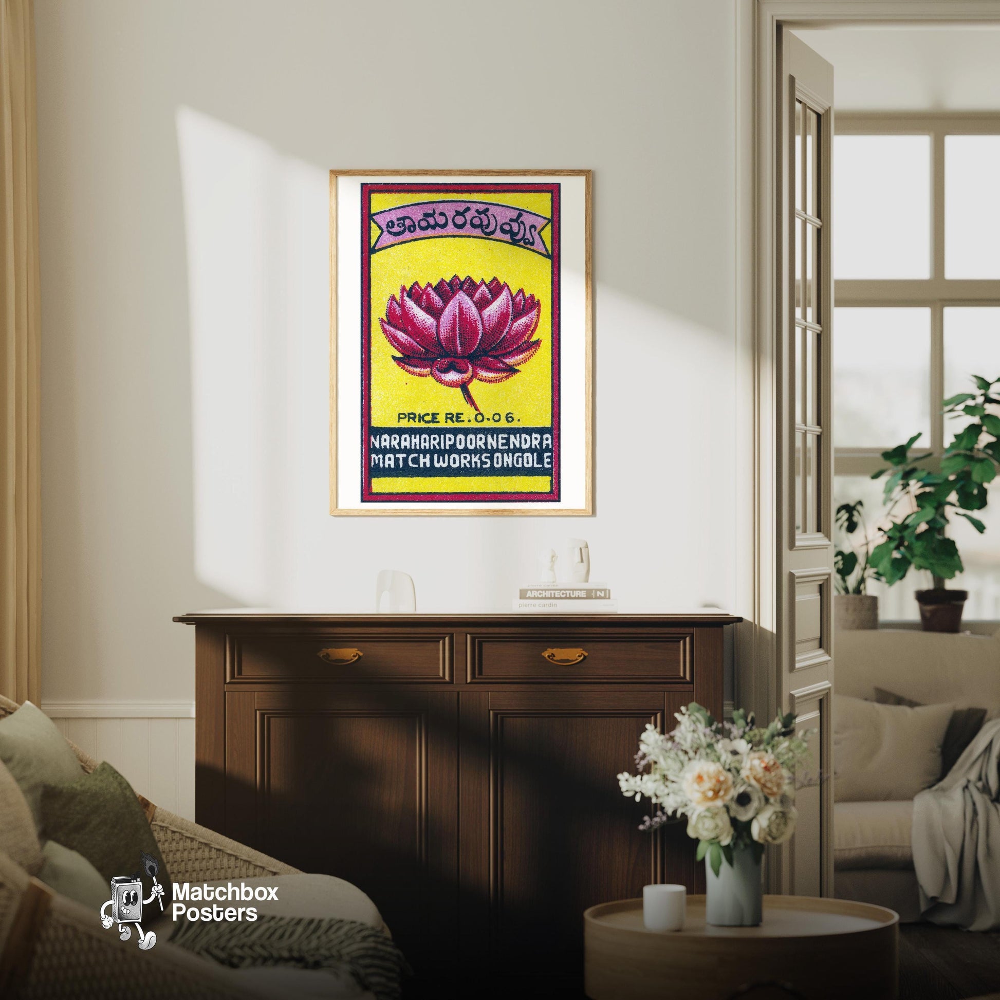 Pink Lotus Flower - vintage matchbox label print - living room mockup