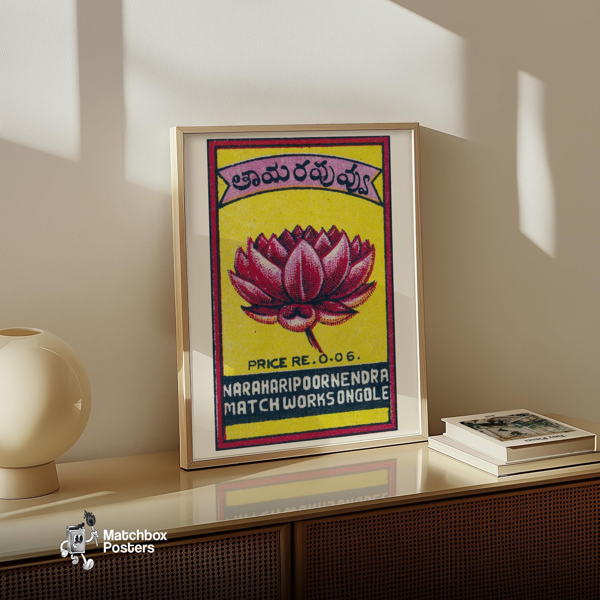 Pink Lotus Flower - vintage matchbox label print - size comparison