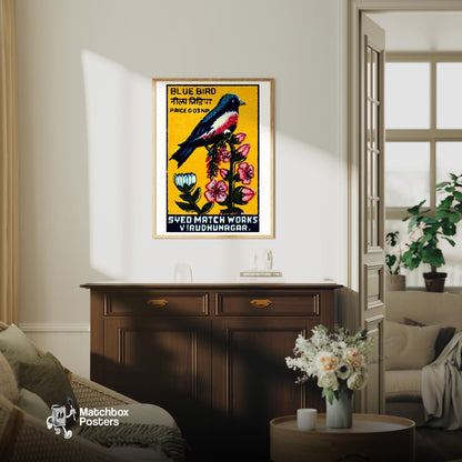Blue Bird - vintage matchbox label print - living room mockup
