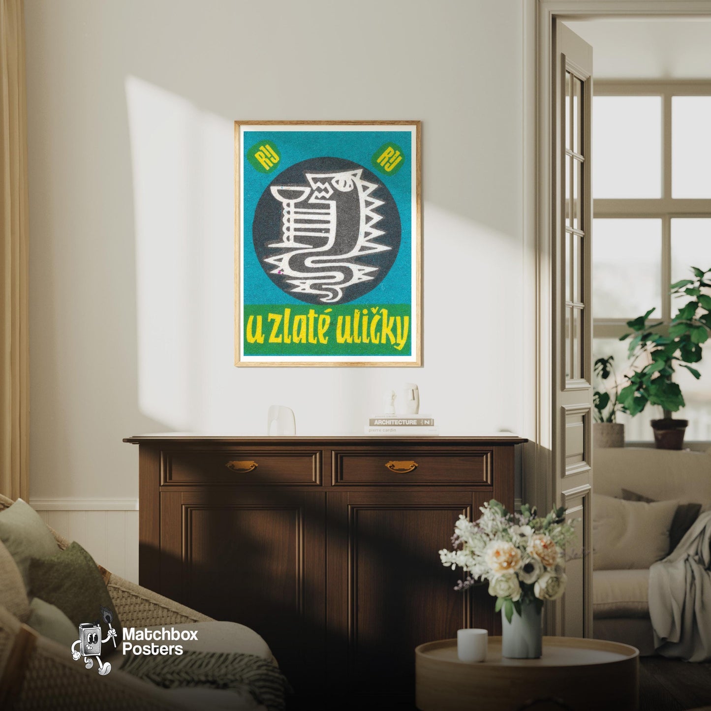 Dragon Goblet - vintage matchbox label print - living room mockup