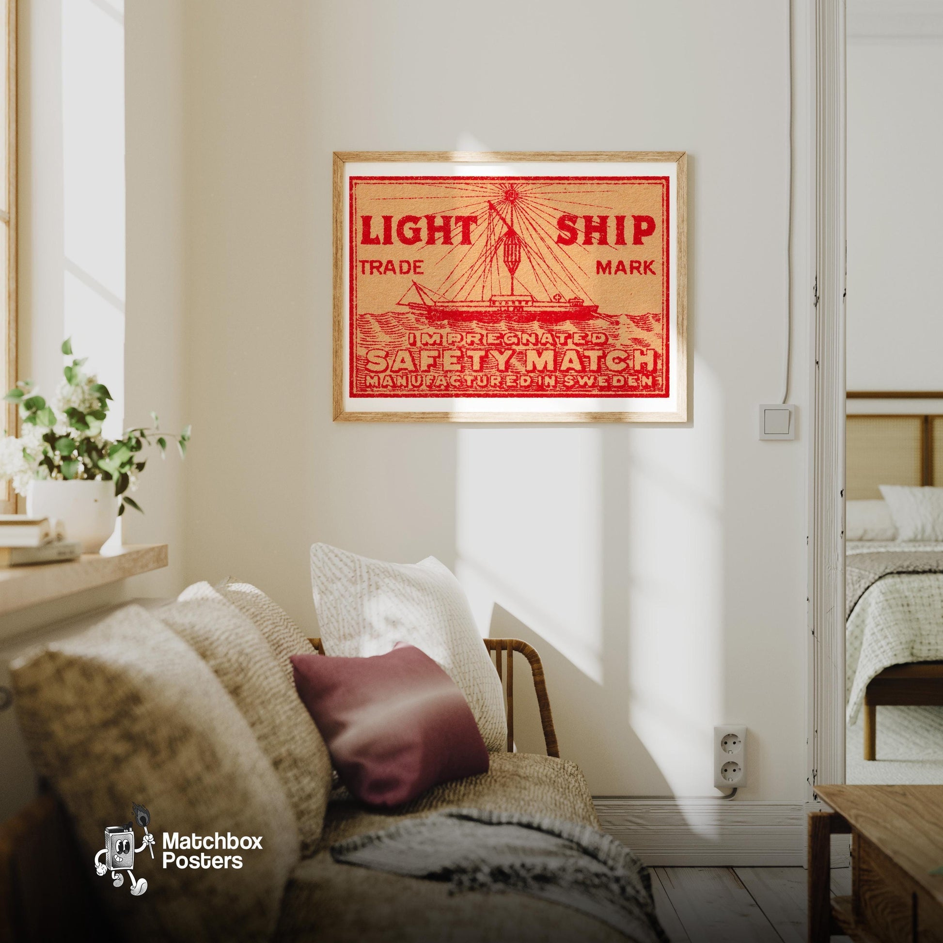 Red Light Ship - vintage matchbox label print - living room mockup