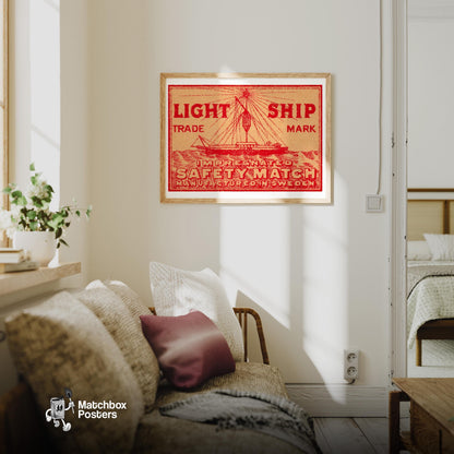 Red Light Ship - vintage matchbox label print - living room mockup