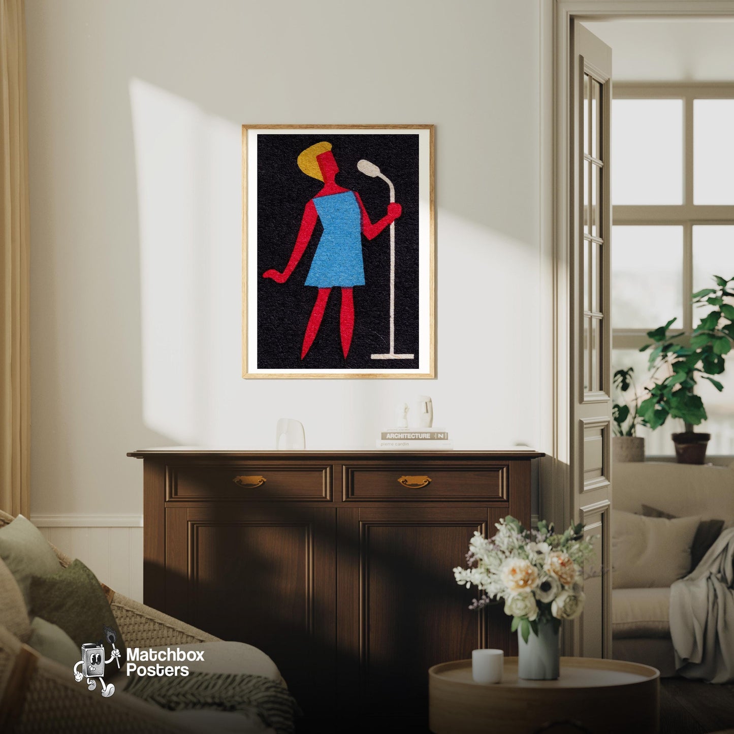 Singer - vintage matchbox label print - living room mockup