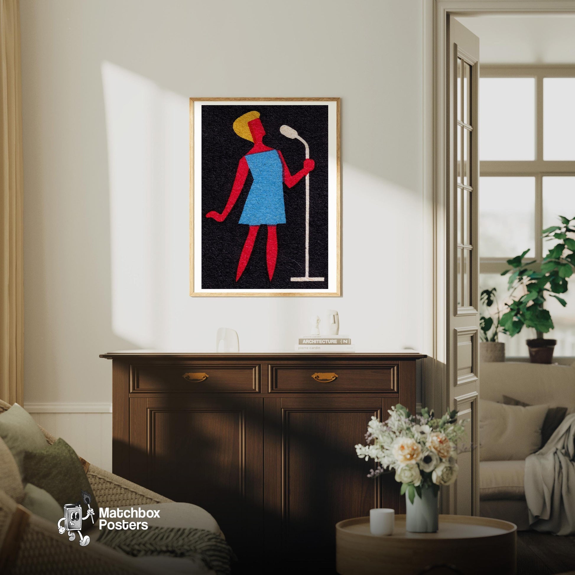 Singer - vintage matchbox label print - living room mockup