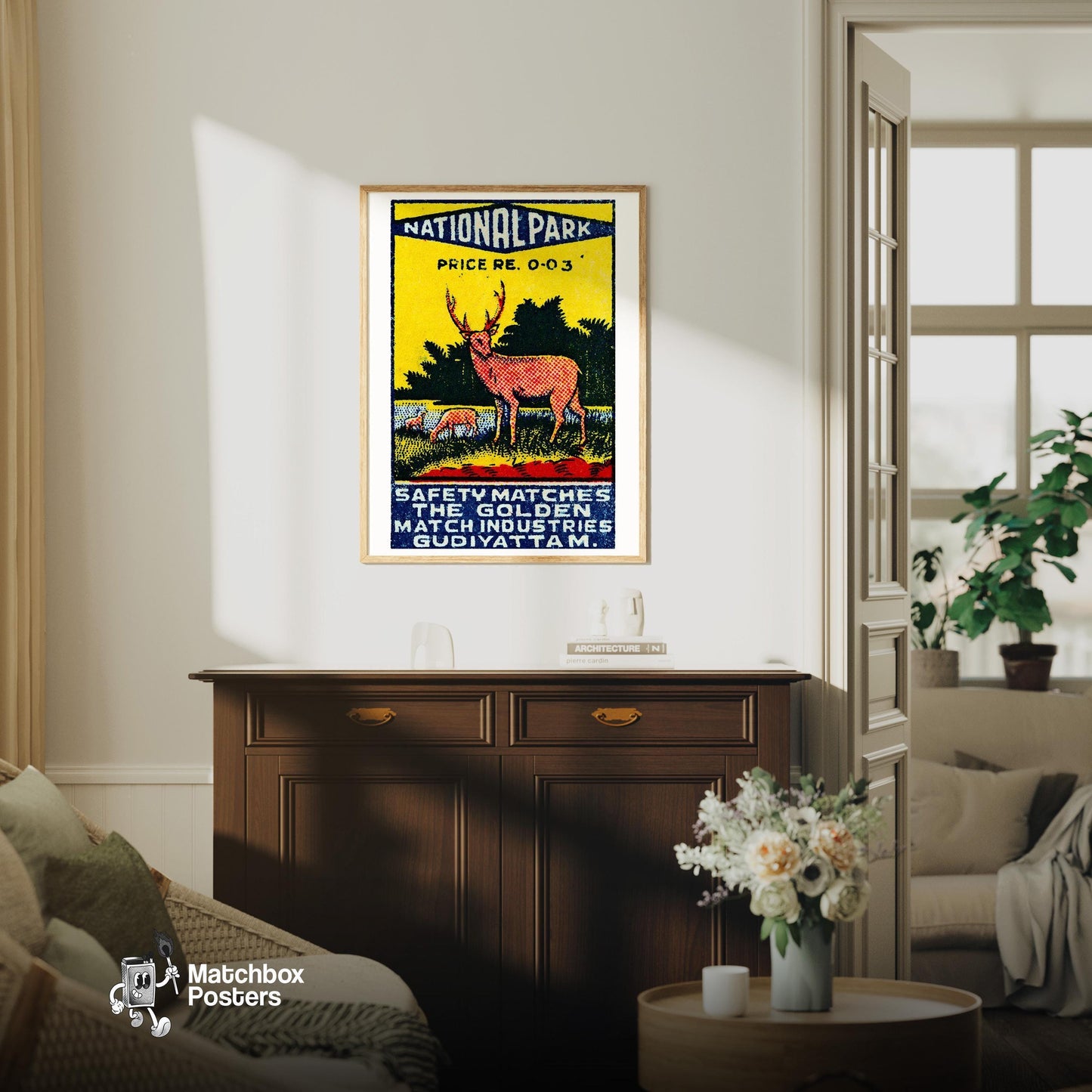 Red Deer - vintage matchbox label print - living room mockup
