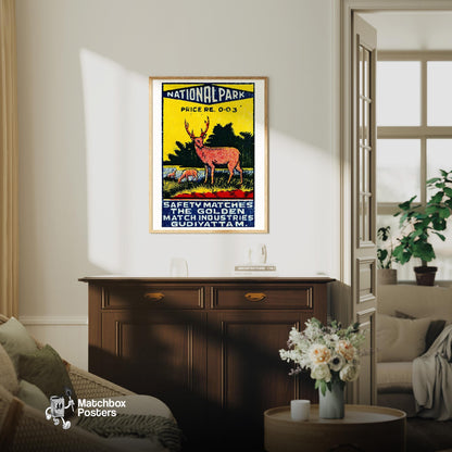 Red Deer - vintage matchbox label print - living room mockup