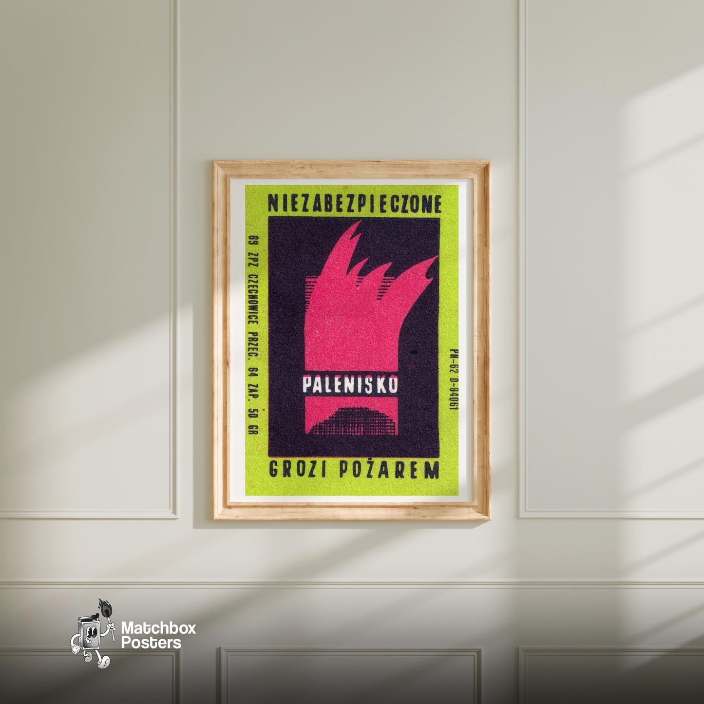 Red Flames - vintage matchbox label print - bedroom mockup