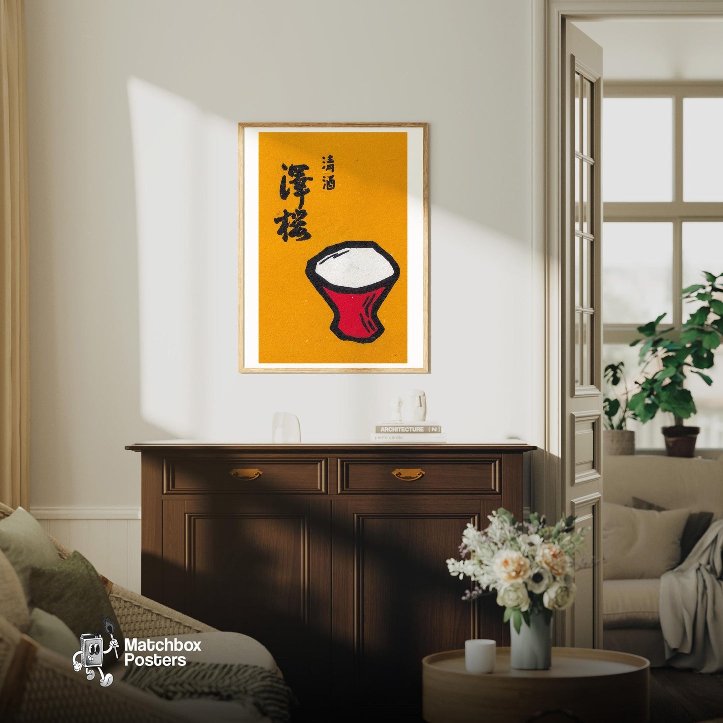 Red Sake Cup - vintage matchbox label print - living room mockup
