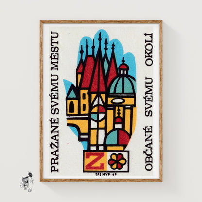 Stylized Depiction Of Prague Architecture - vintage matchbox label print