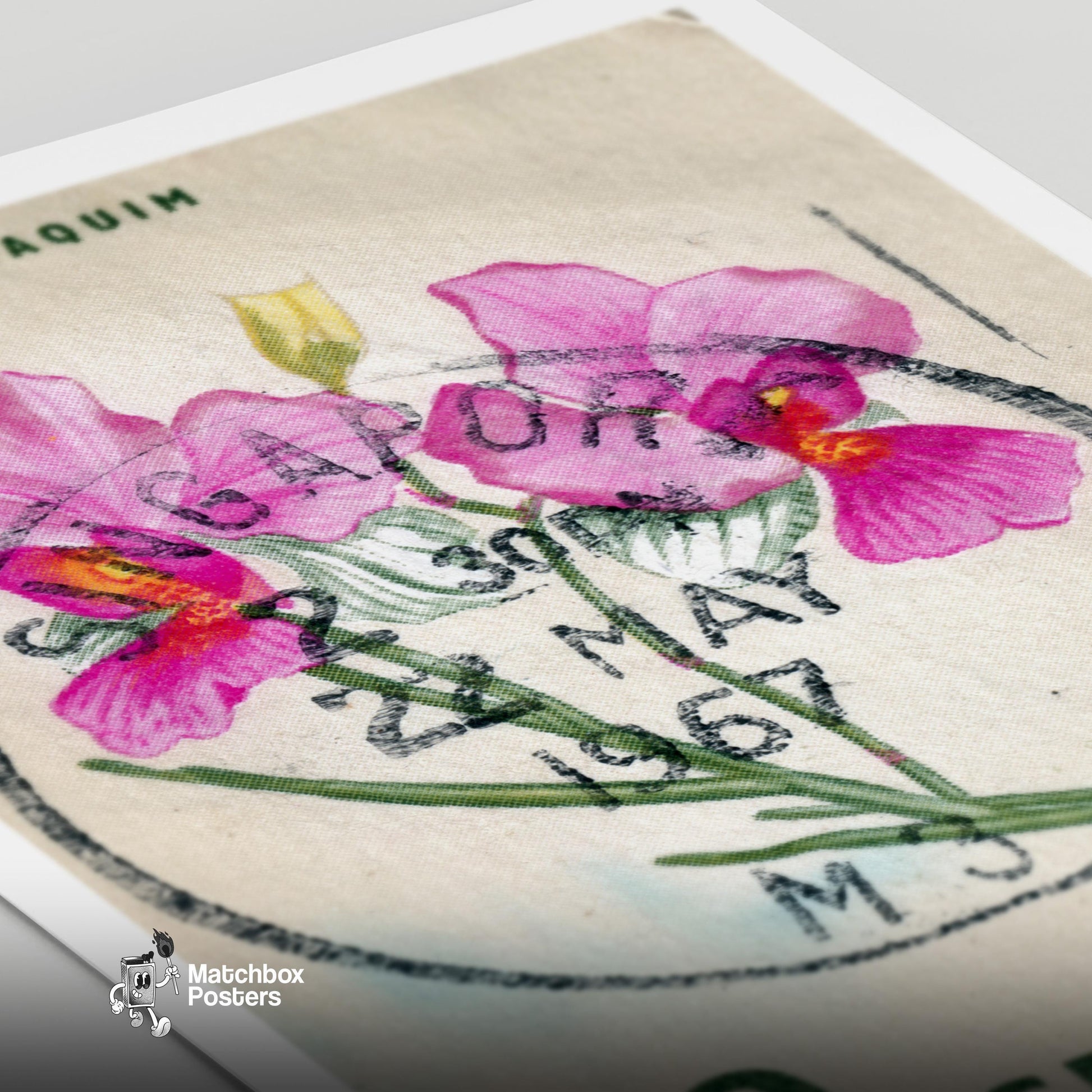 Vanda Miss Joaquim Orchid - vintage matchbox label print - close-up detail