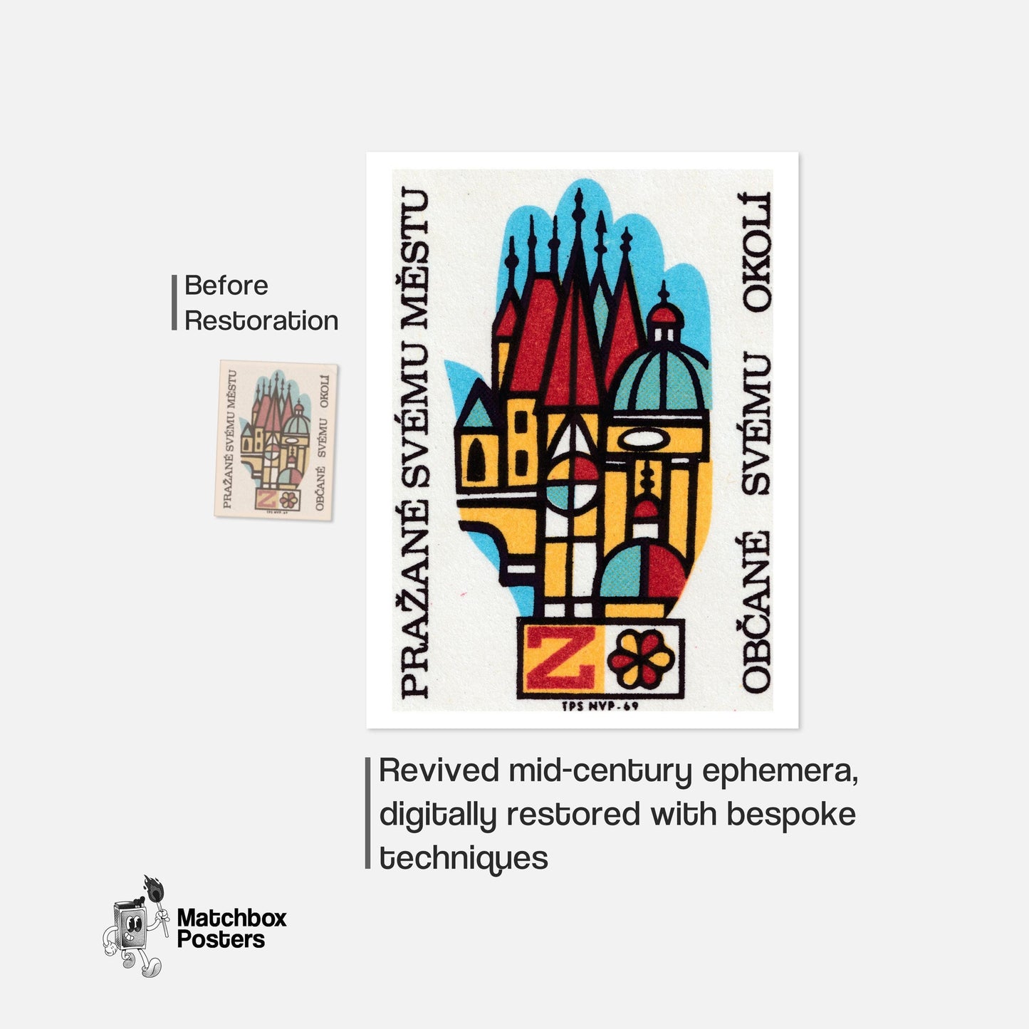 Stylized Depiction Of Prague Architecture - vintage matchbox label print - framed wall art preview