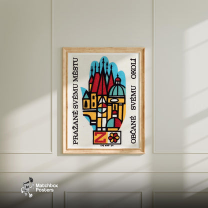 Stylized Depiction Of Prague Architecture - vintage matchbox label print - bedroom mockup
