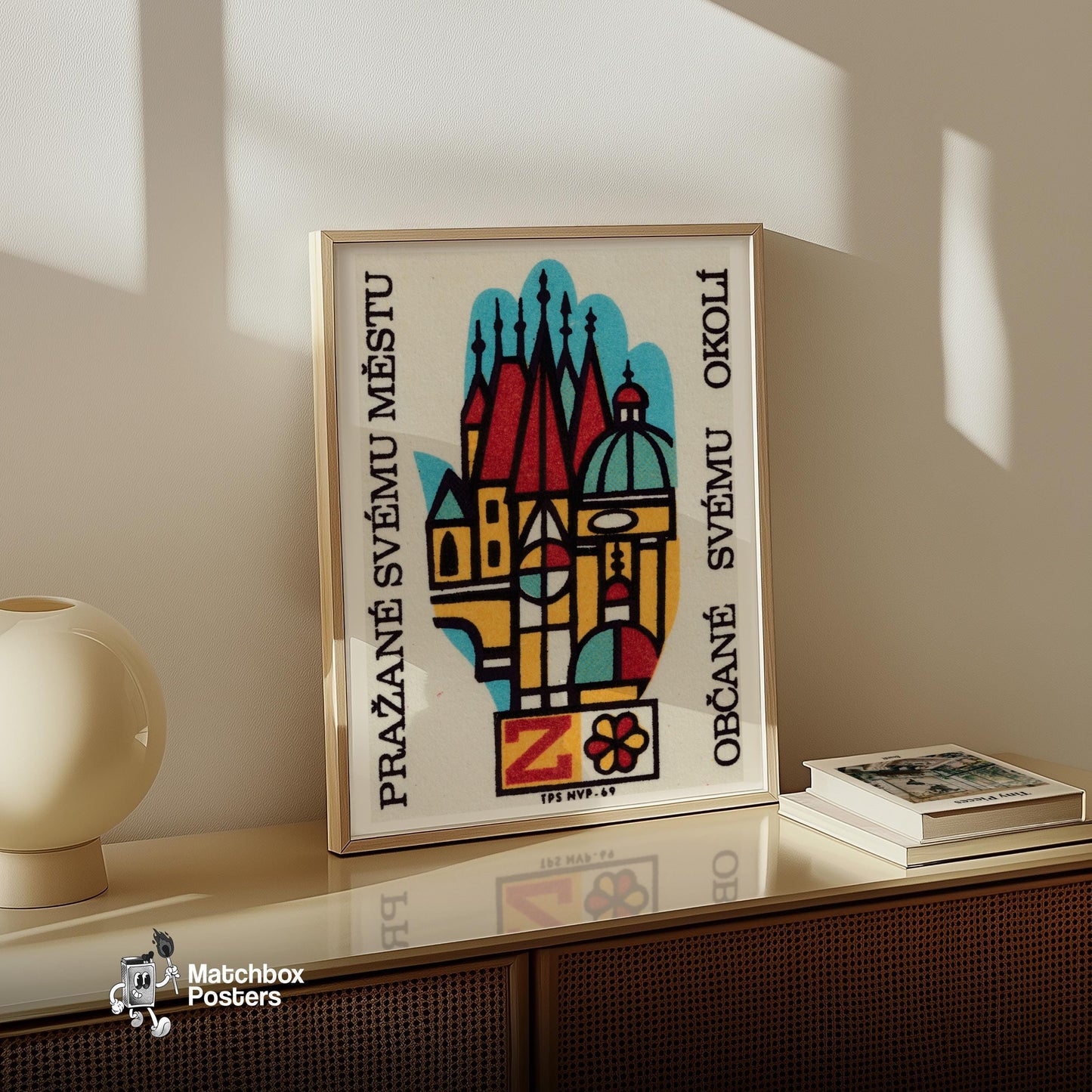 Stylized Depiction Of Prague Architecture - vintage matchbox label print - size comparison