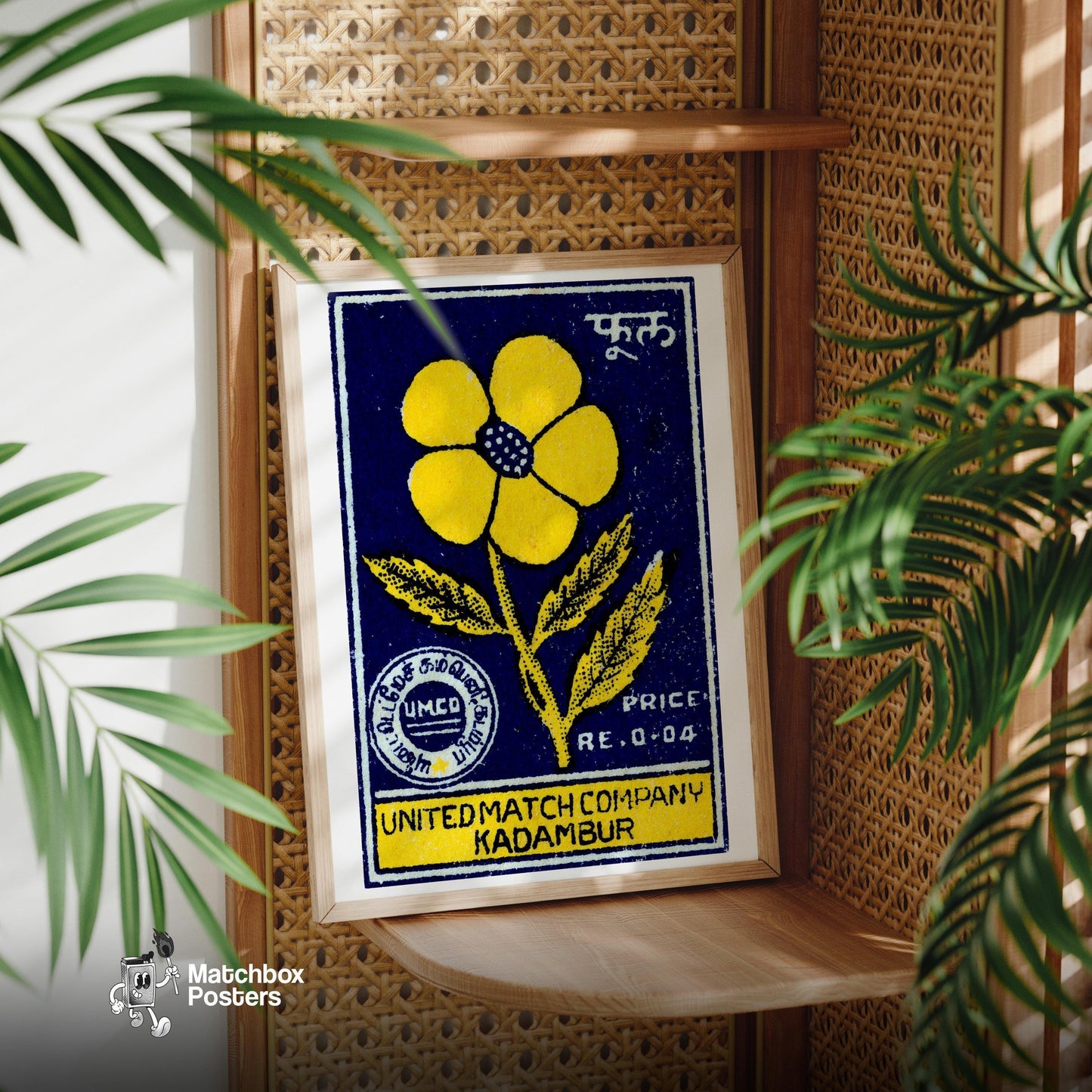 Yellow Flower - vintage matchbox label print - office wall