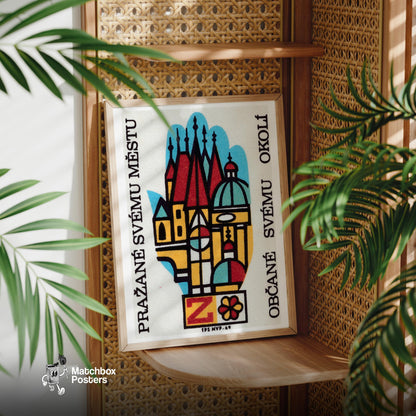 Stylized Depiction Of Prague Architecture - vintage matchbox label print - office wall