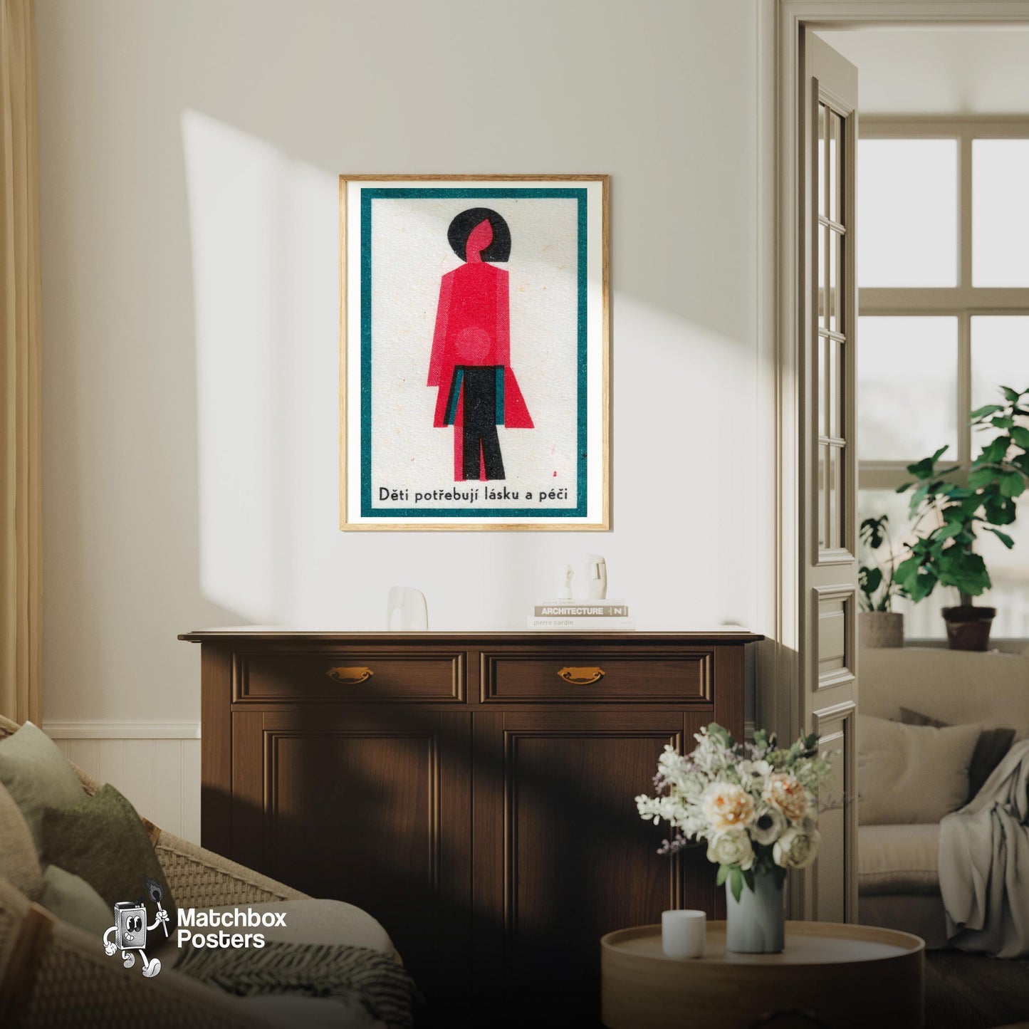 Stylized Abstract Figures Of A Parent - vintage matchbox label print - living room mockup