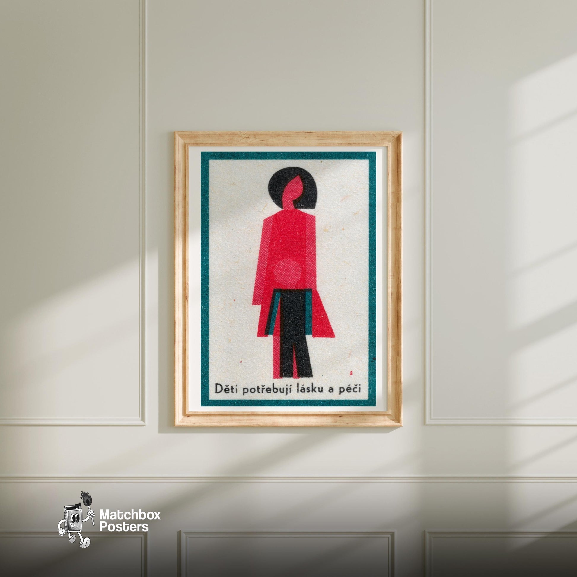 Stylized Abstract Figures Of A Parent - vintage matchbox label print - bedroom mockup