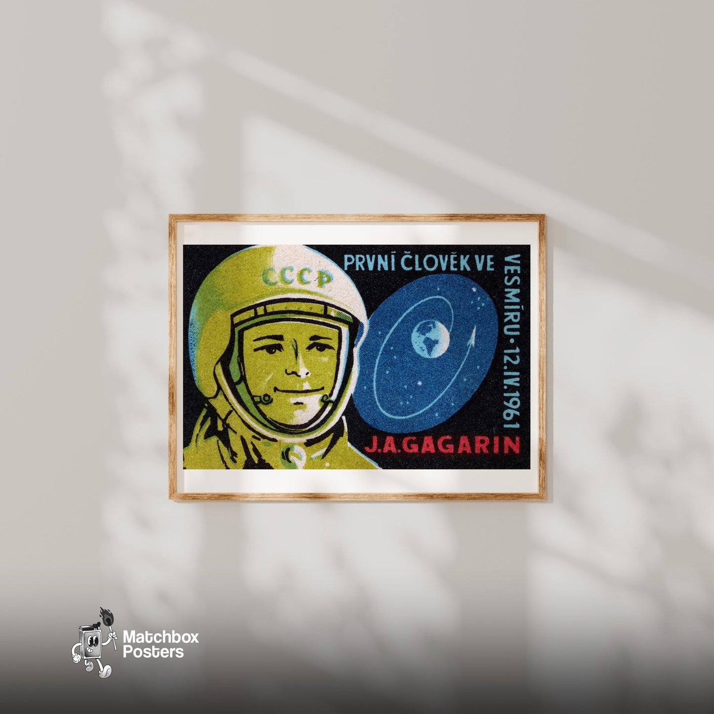 Yuri Gagarin - vintage matchbox label print - bedroom mockup
