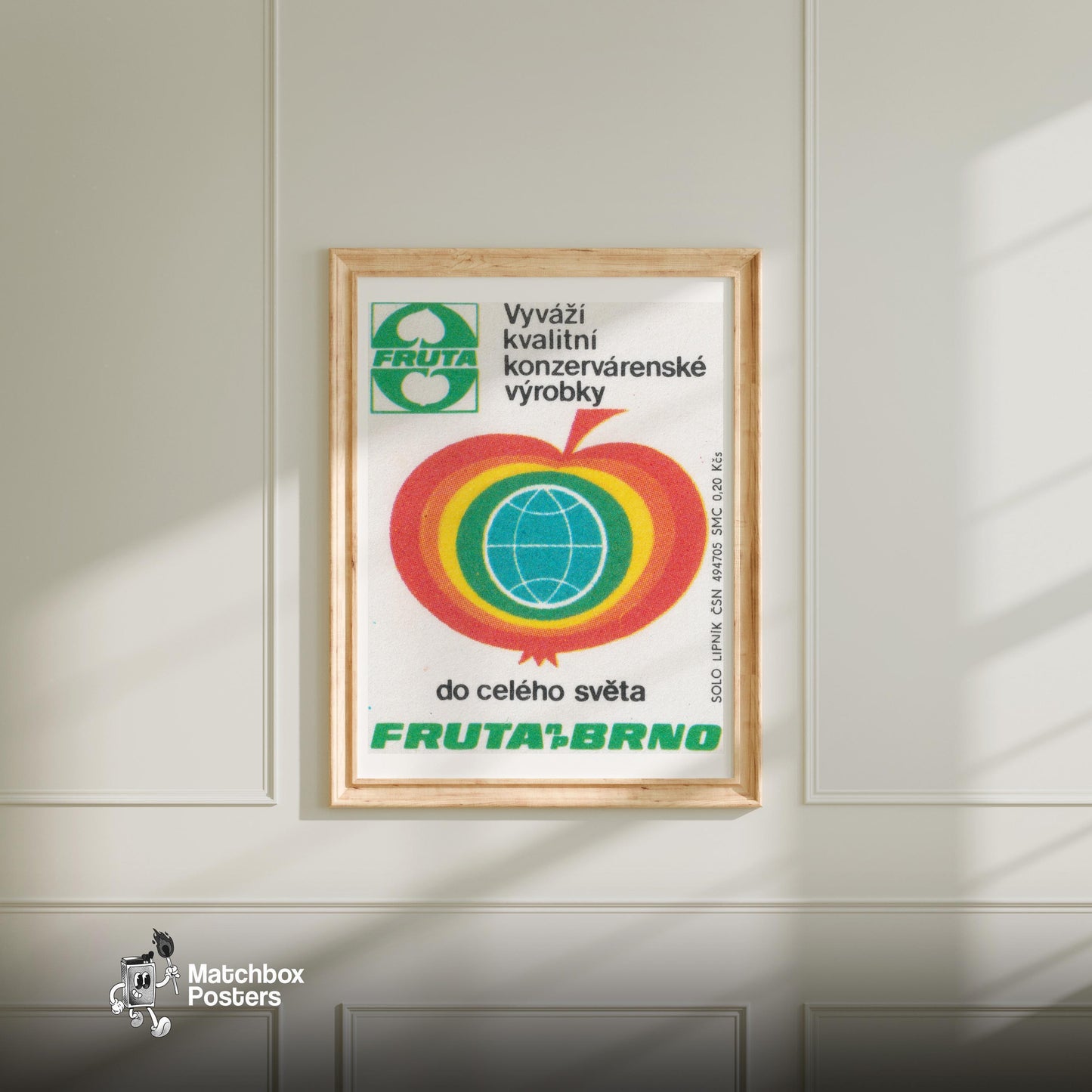 Fruta Brno Apple - vintage matchbox label print - bedroom mockup
