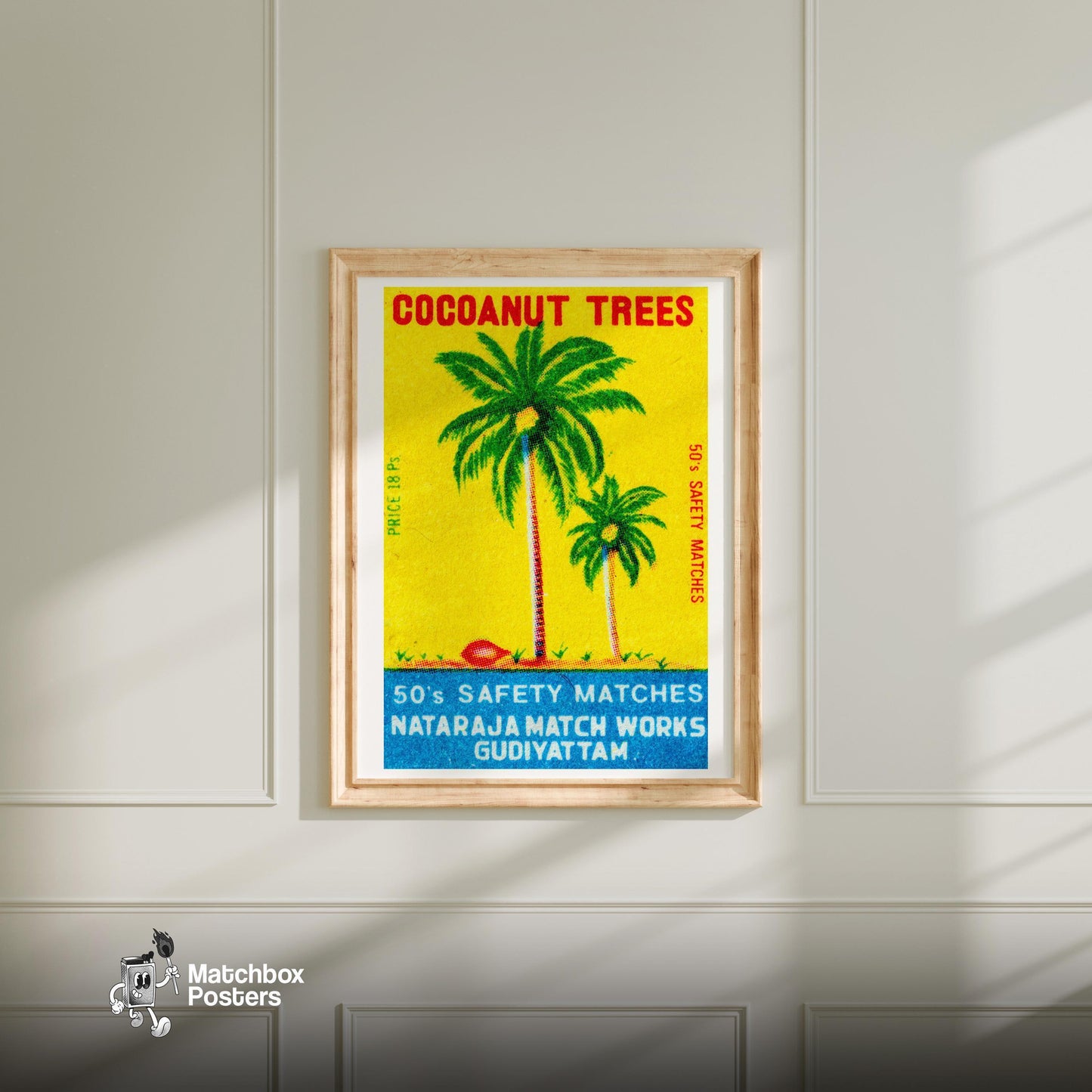Coconut Trees - vintage matchbox label print - bedroom mockup