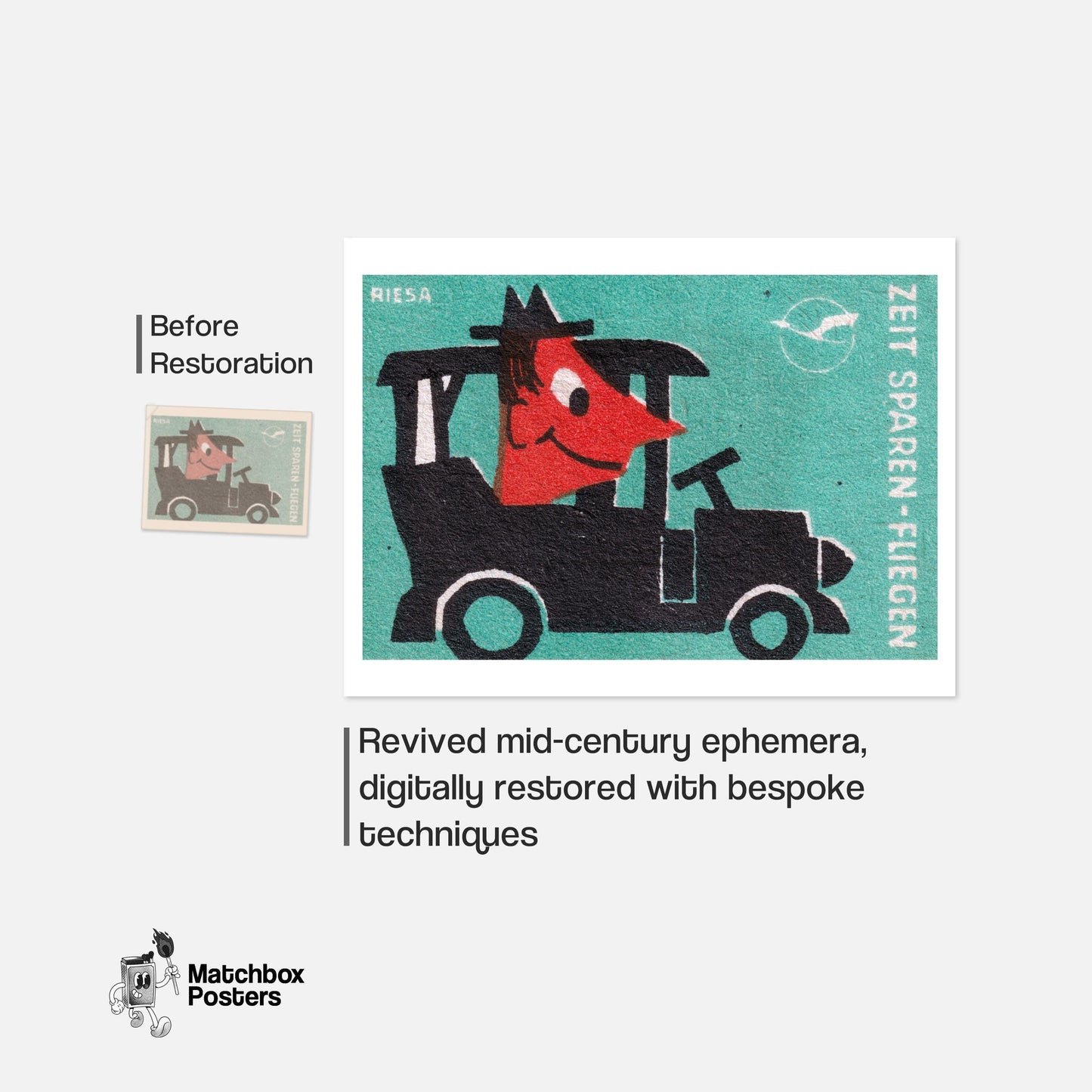 Cartoonish Car - vintage matchbox label print - framed wall art preview