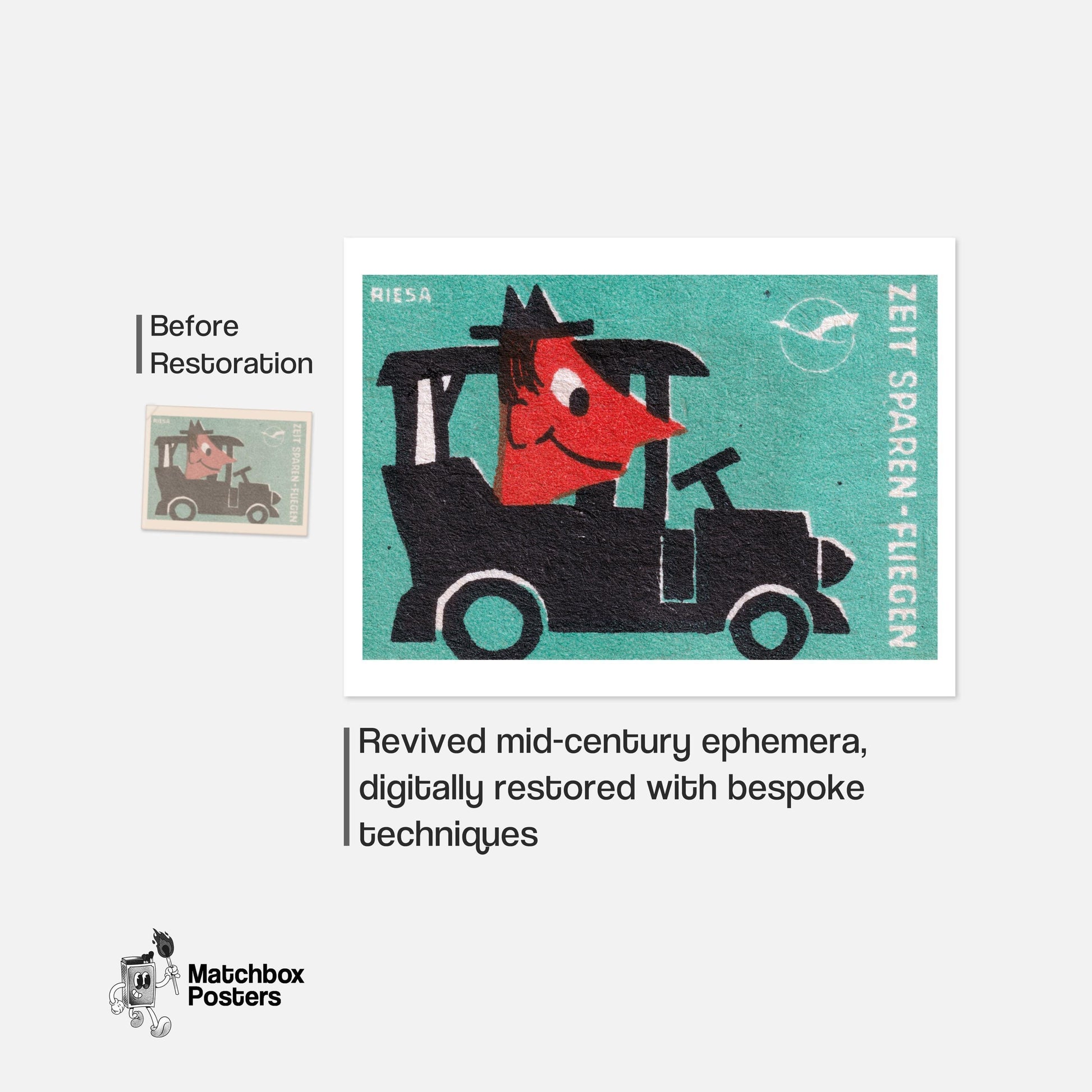 Cartoonish Car - vintage matchbox label print - framed wall art preview